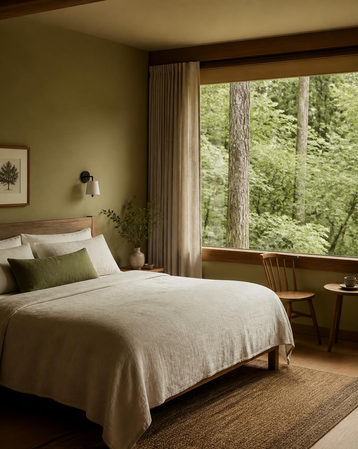 Quarto minimalista com cama de linho cru e vista para a floresta