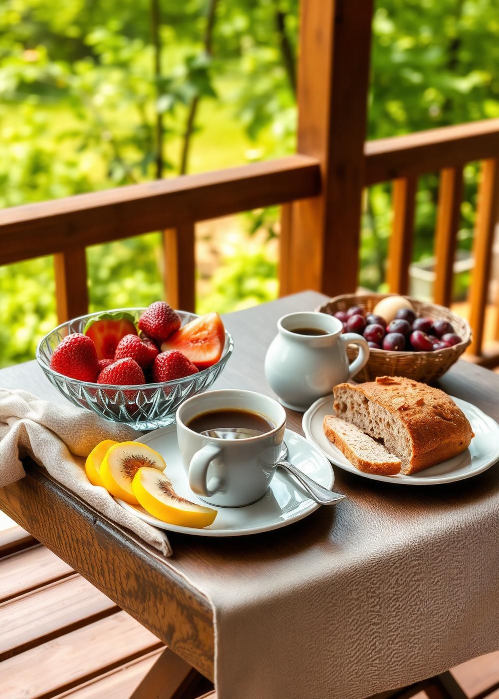 Café da manhã servido em varanda de madeira
