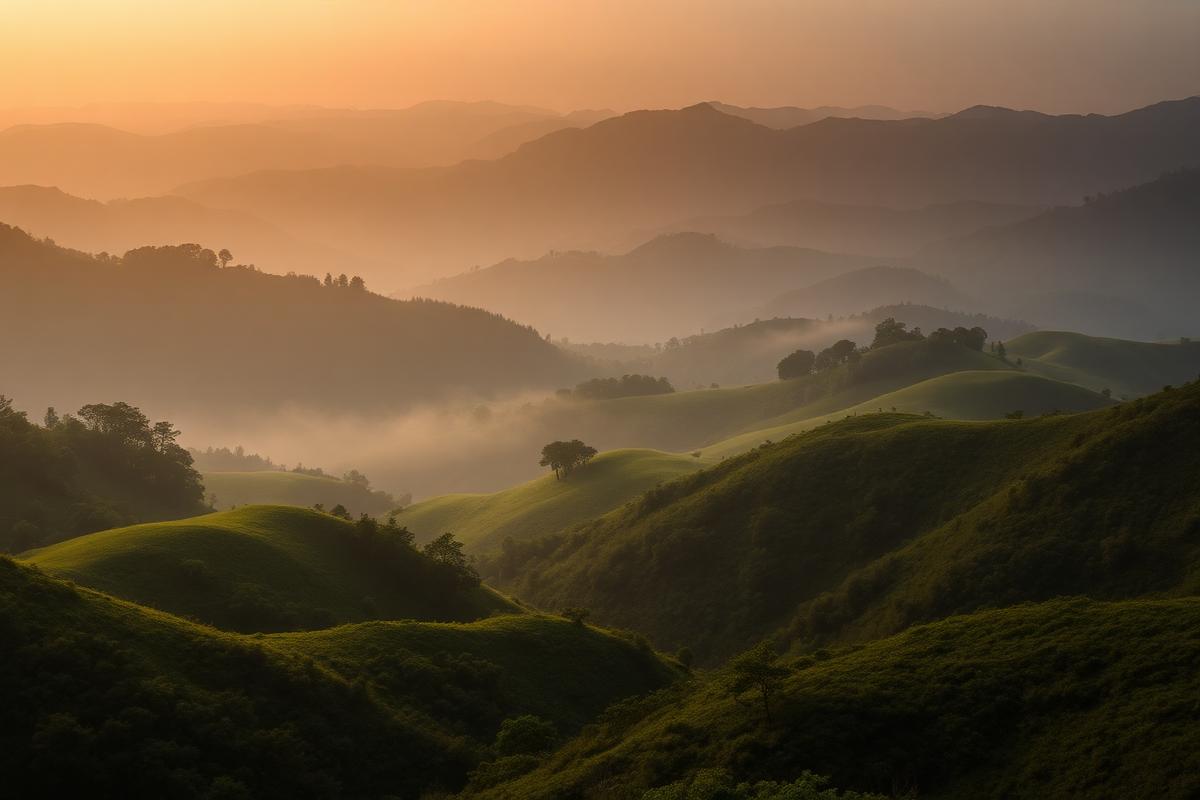 Vale montanhoso com neblina ao amanhecer
