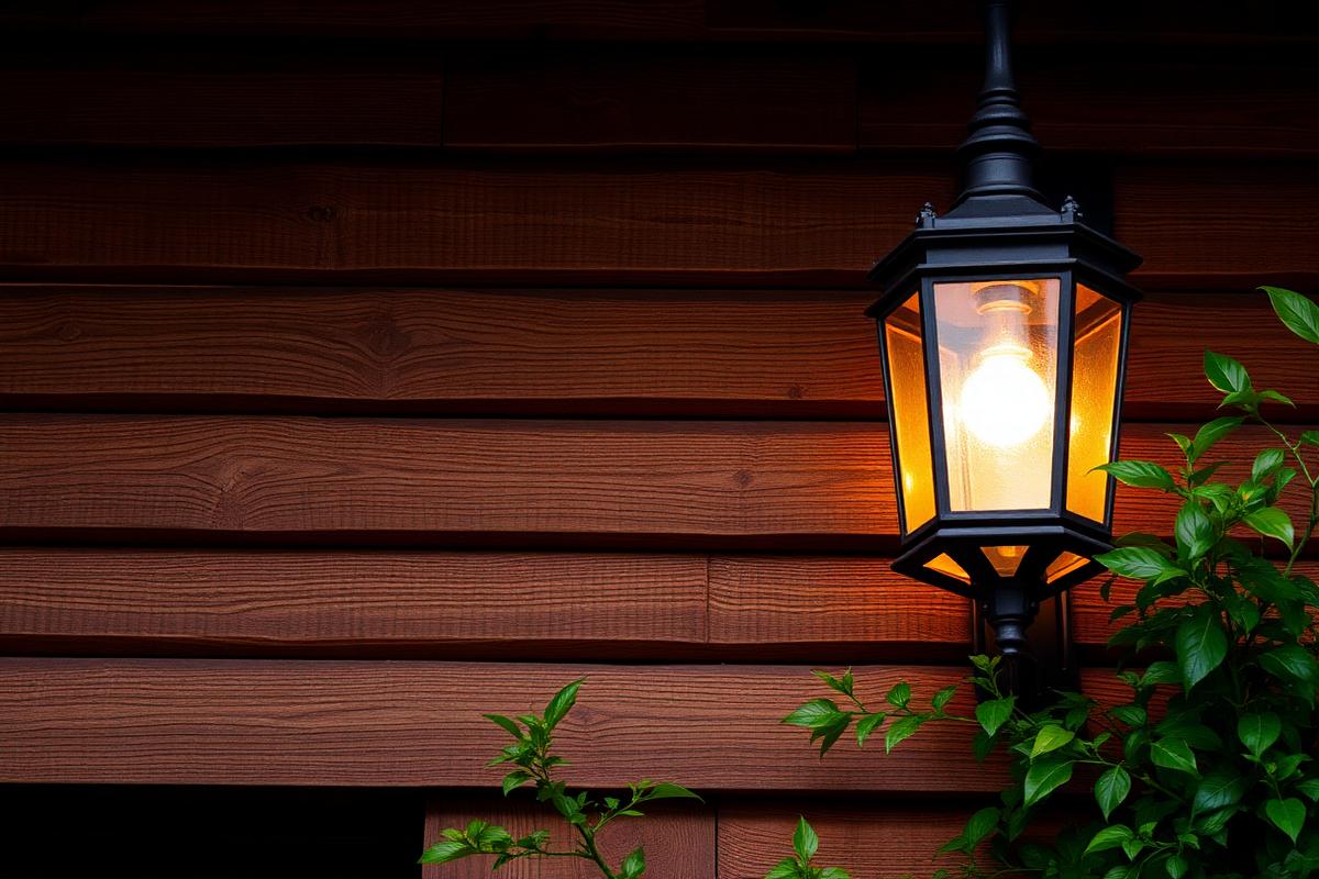 Detalhe arquitetônico de fachada de madeira com luminária