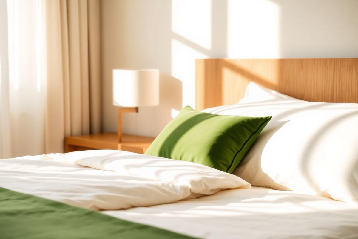 Cama com roupa de cama creme e luz da manhã