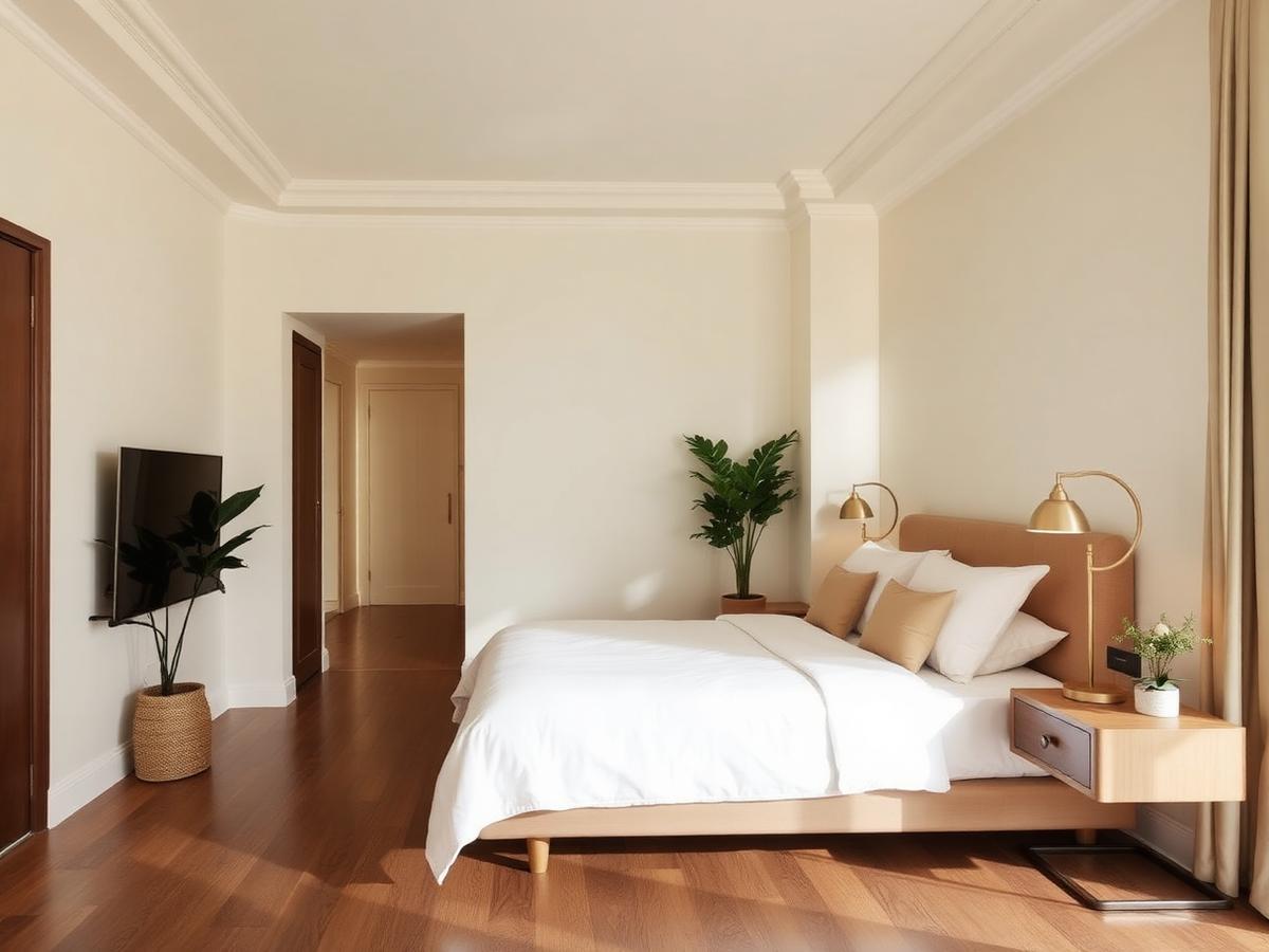 Suíte elegante em tons creme com cama queen
